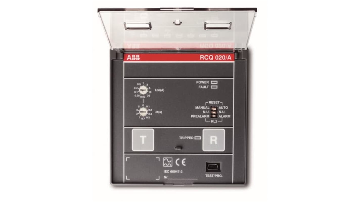 Relé corrente residua ABB per Tmax XT, tensione 115-230 V CA, progettato per applicazioni industriali a pannello.