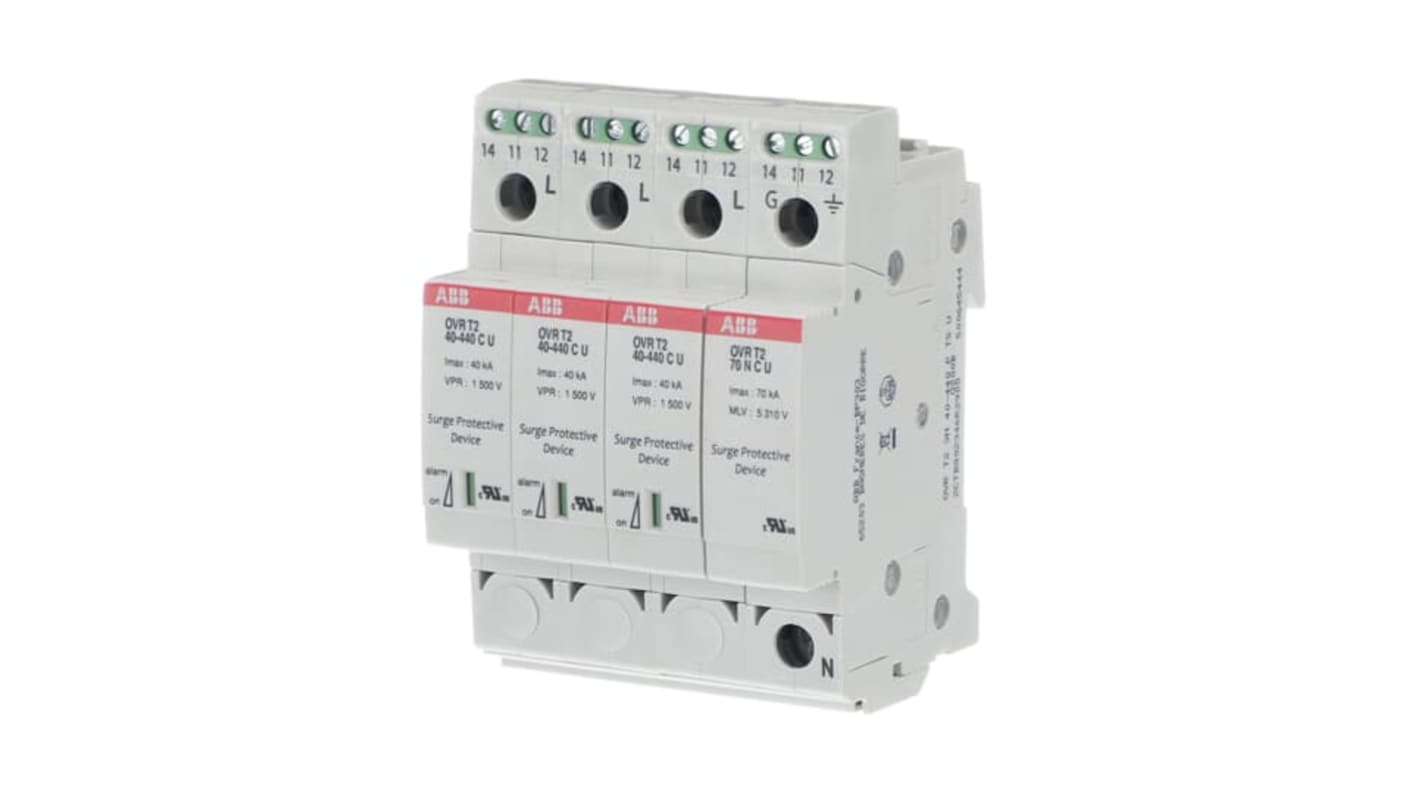 ABB, limitatore di sovratensione SPD OVR Classe II, 4 fasi, montaggio su guida DIN, dimensioni 64,8 x 71,2 x 98,5 mm.