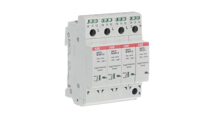 ABB, limitatore di sovratensione SPD OVR Classe II, 4 fasi, montaggio su guida DIN, dimensioni 64,8 x 71,2 x 98,5 mm.