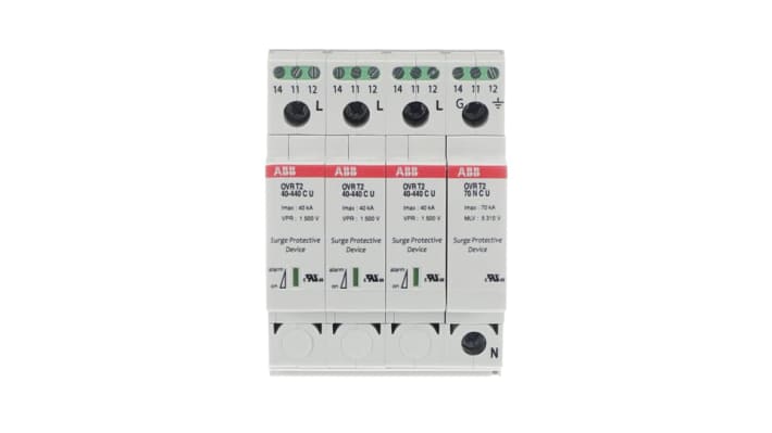 ABB, limitatore di sovratensione SPD OVR Classe II, 4 fasi, montaggio su guida DIN, dimensioni 64,8 x 71,2 x 98,5 mm.