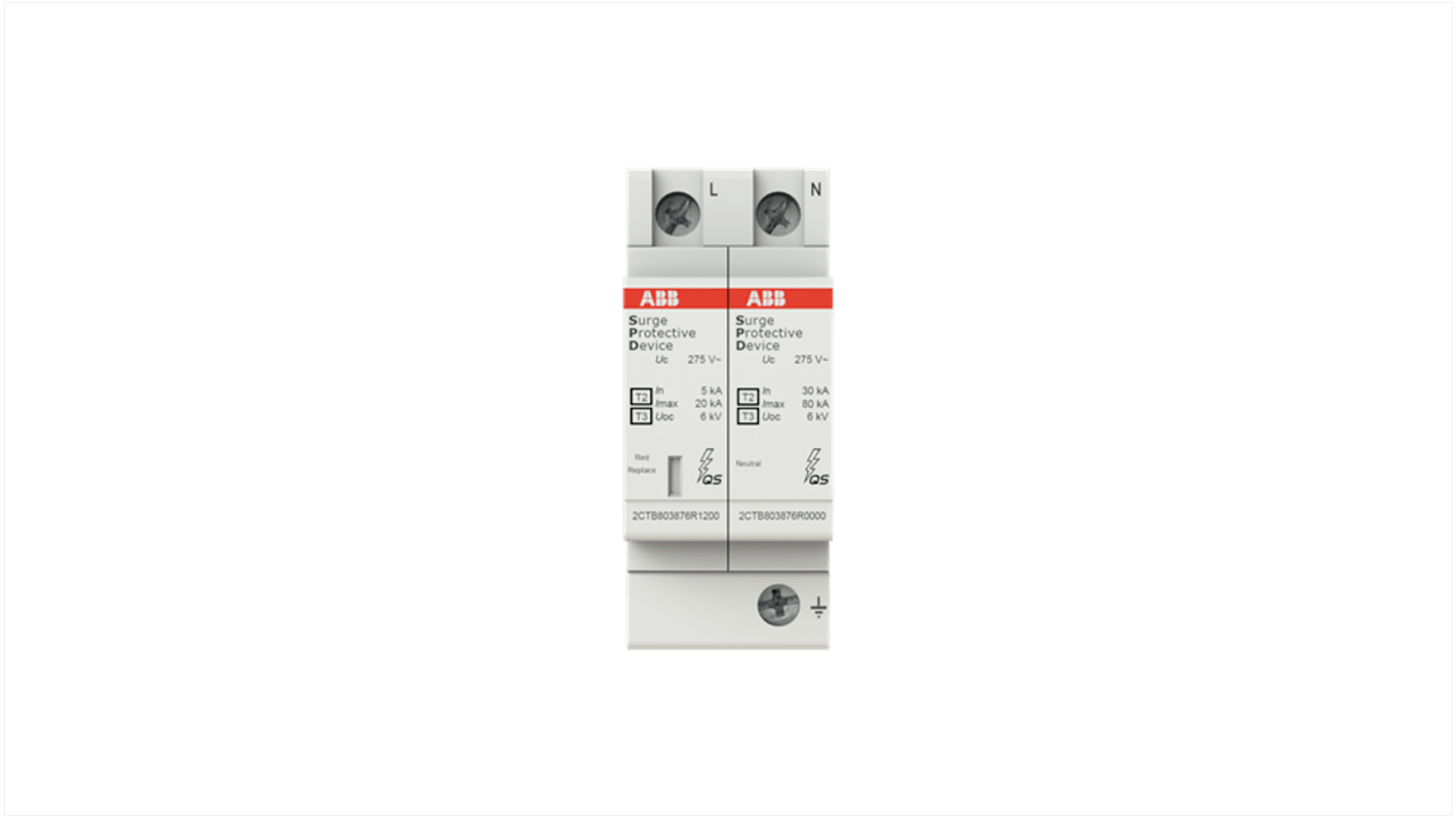 ABB 2CTB803972R1200, limitatore di sovratensione 2 fasi, montaggio su guida DIN, dimensioni 58 x 35,6 x 88 mm.