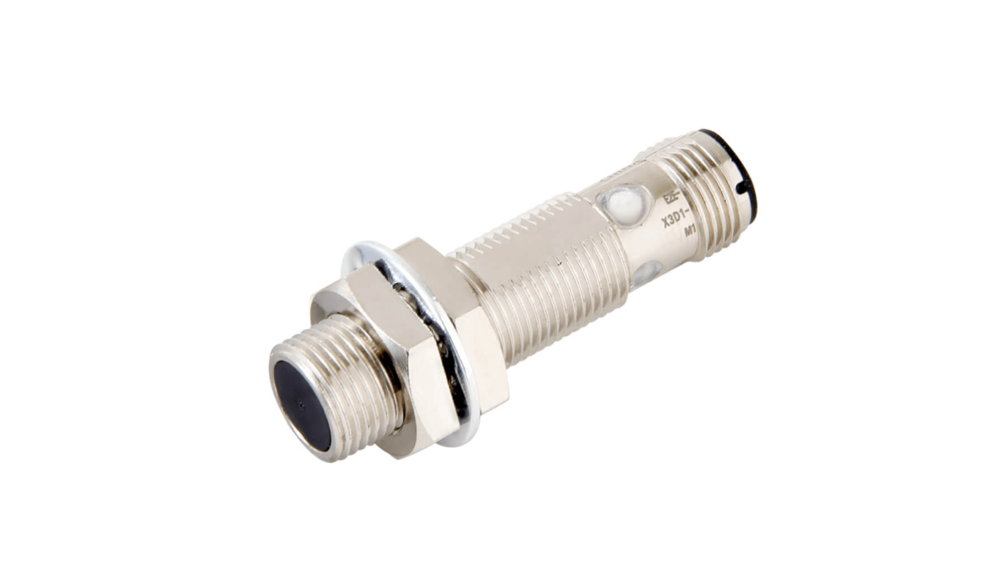 Sensore di prossimità induttivo cilindrico Omron E2E-X4B212-M1, M12 x 1, PNP, rilevamento 4 mm, IP67/IP69K, lunghezza filettatura 29 mm.