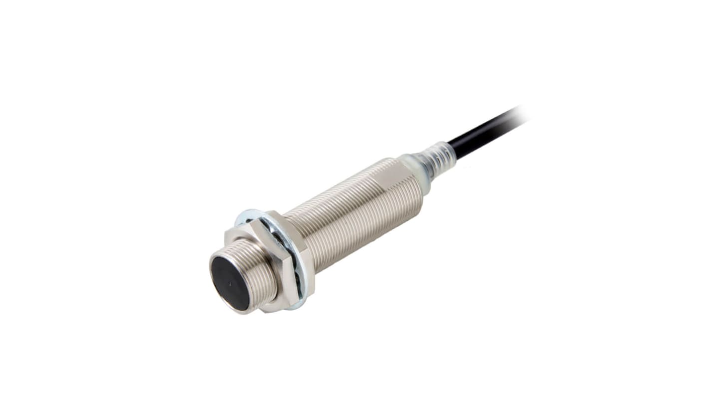 Omron E2E-X8B1TL18 2M, sensore induttivo cilindrico M18, rilevamento a 8 mm, corpo in ottone, cavo da 2 metri, grado di protezione IP67.