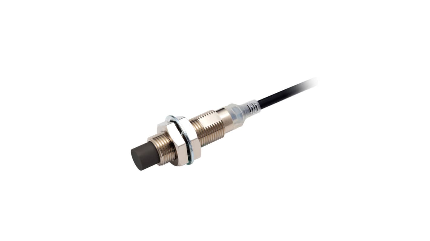 Omron E2E-X8MB1T12 5M, sensore induttivo cilindrico con uscita PNP, rilevamento a 8 mm, filettatura M12, cavo da 5 metri, grado di protezione IP67.
