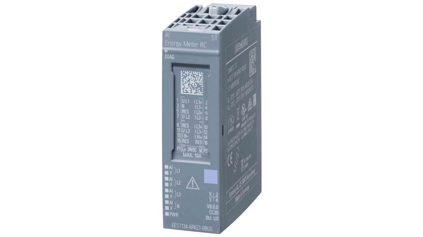 Modulo di ingresso analogico Siemens 6ES7134-6PA21-0BU0, compatibile con bobine Rogowski, temperatura operativa -30/+60 °C, dimensioni 58 x 20 x 73 mm.