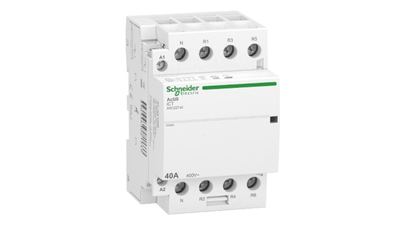 Contattore Schneider Electric A9C22740, 4 poli, 40 A, montaggio a clip, temperatura operativa -5 a 60 °C.