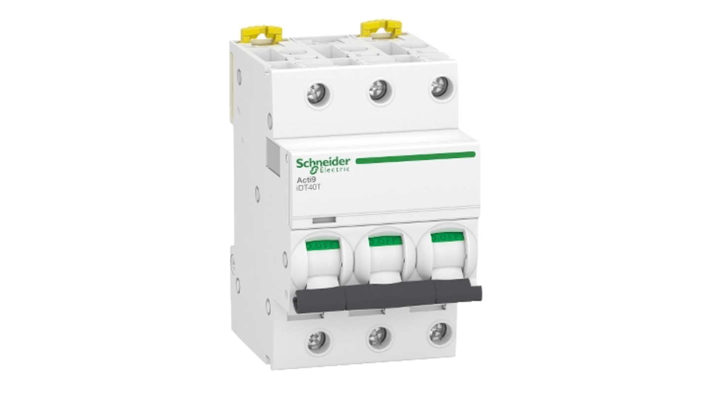 Interruttore magnetotermico Schneider Electric 3 poli, 16A, Tipo C, montaggio su guida DIN, tensione 400V, capacità di interruzione 6 kA.