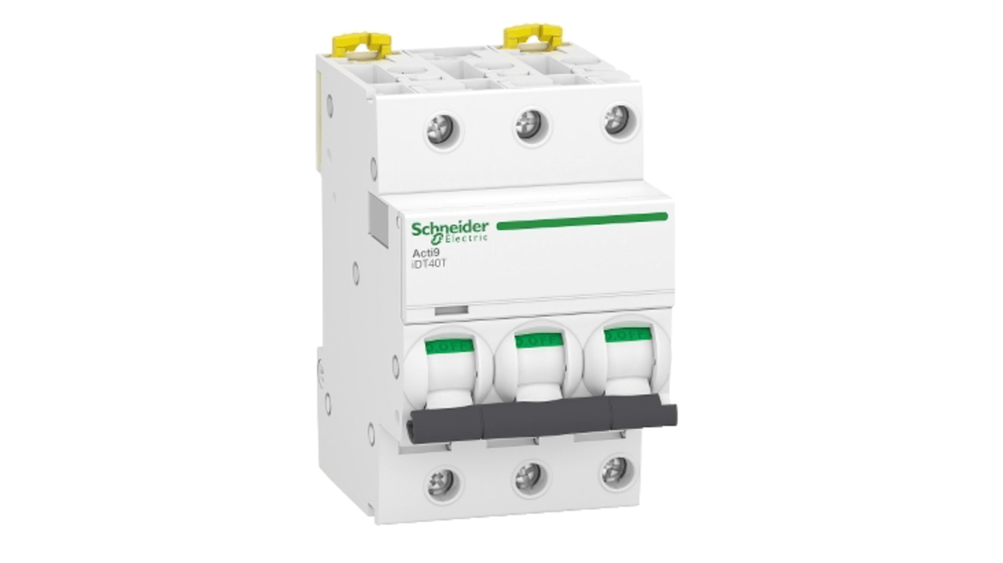 Interruttore magnetotermico Schneider Electric 3P 10A, Tipo D, montaggio su guida DIN, capacità di interruzione 6 kA.