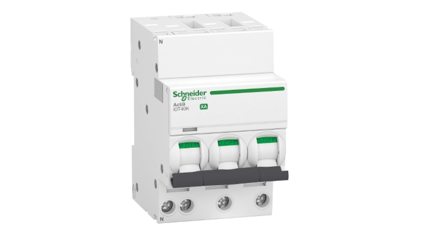 Interruttore magnetotermico Schneider Electric A9PK1740, 3P+N, 40A, montaggio su guida DIN, capacità di interruzione 4,5 kA.