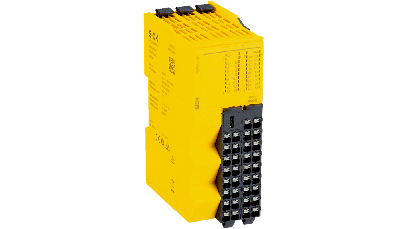 Controller di sicurezza Sick FLX3-CPUC100, unità centrale modulare, montaggio su guida DIN, dimensioni 46,2 x 85,5 x 124,7 mm.