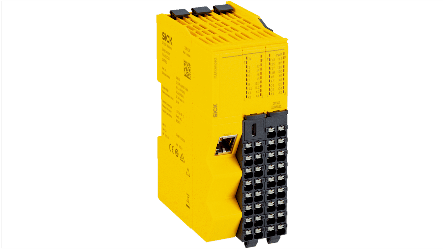 Controller di sicurezza Sick FLX3-CPUC200, unità centrale modulare, 20 ingressi, montaggio su guida DIN, dimensioni 46,2 x 85,5 x 124,7 mm.