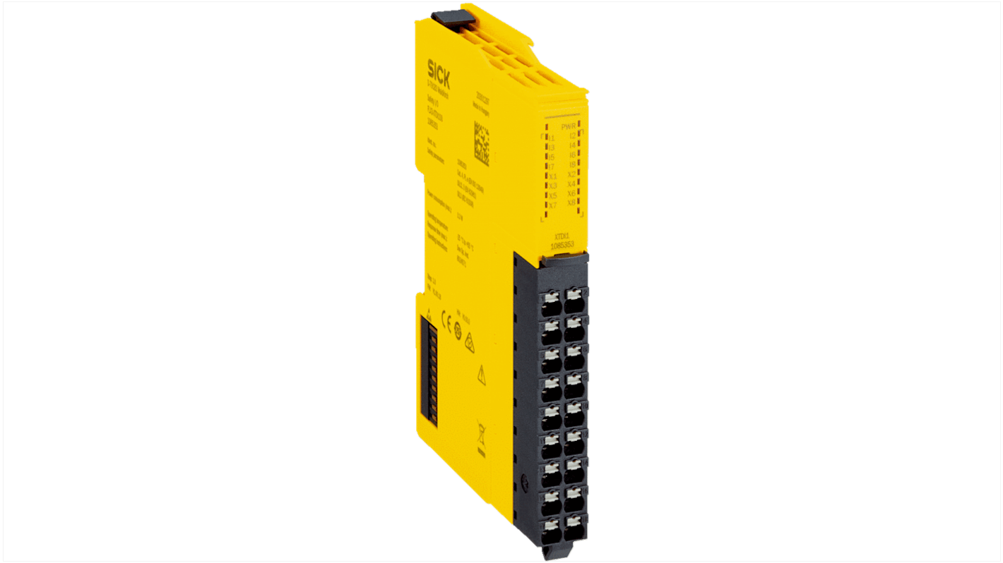Modulo I/O Sick FLX3-XTDI100, 24 V, 8 ingressi e 8 uscite, montaggio su guida DIN, dimensioni 14 x 85,5 x 124,7 mm.