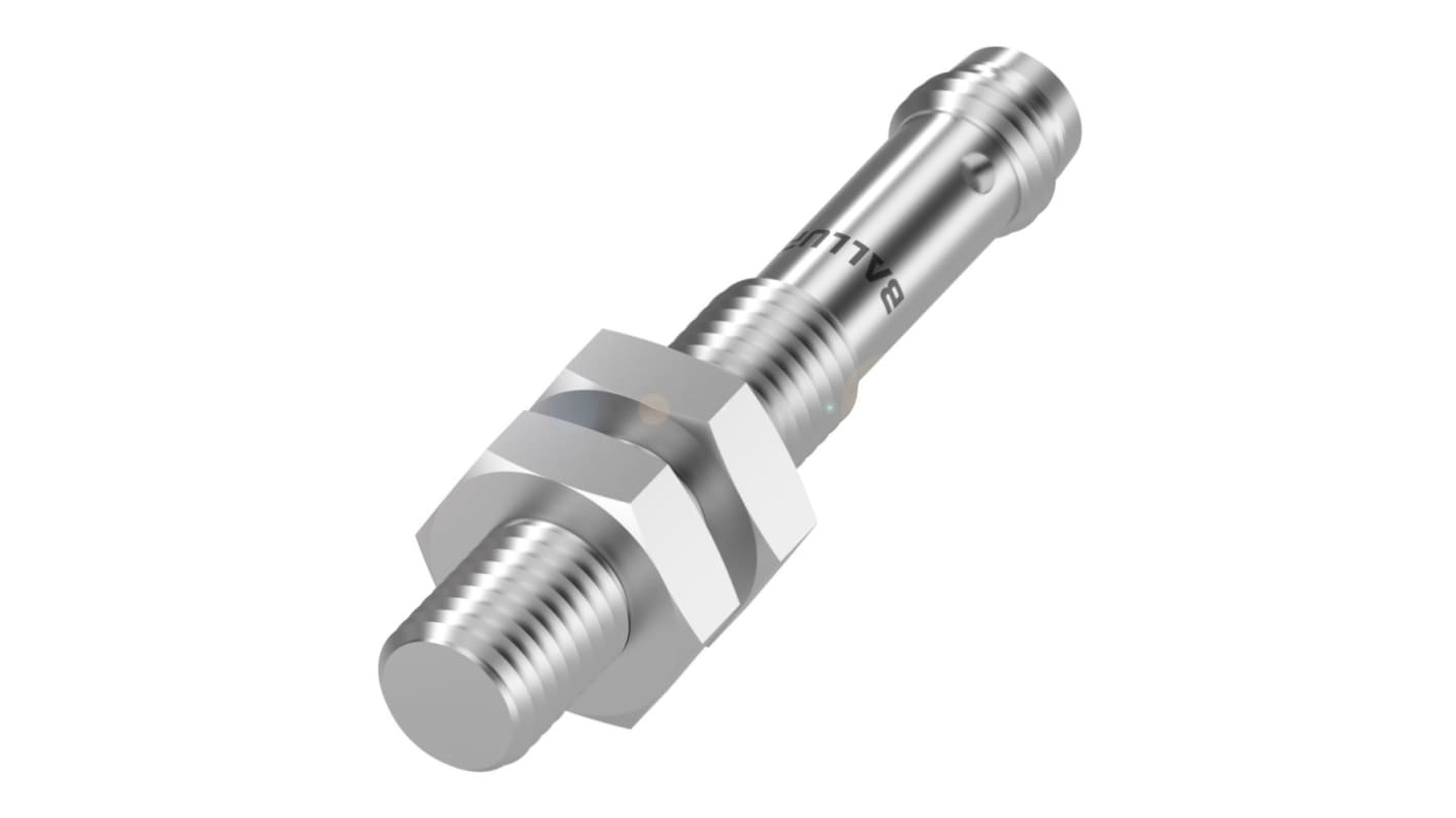 Sensore di prossimità induttivo cilindrico PNP BALLUFF BES054M, M8 x 1, rilevamento 2 mm, IP67, acciaio inox, 10-36 V CC.