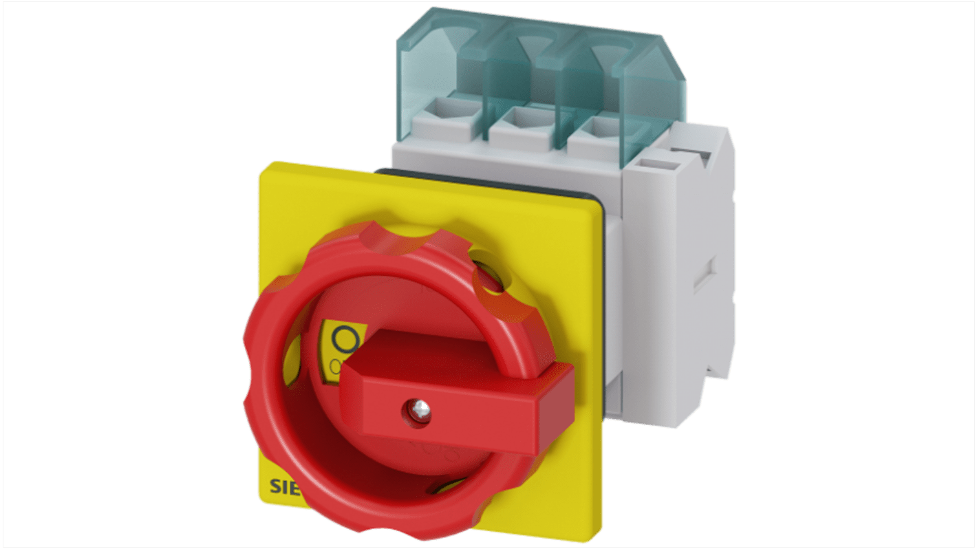 Interruttore sezionatore Siemens 25A, 3 poli, montaggio a pannello, grado di protezione IP65, azionamento rotante.