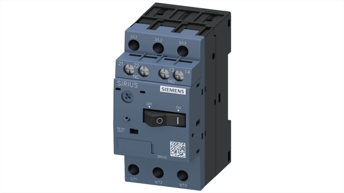 Interruttore automatico del motore Siemens 3RV1011-1KA15, 12 A, 690 V, 3 poli, per protezione motori e rilevamento guasto.
