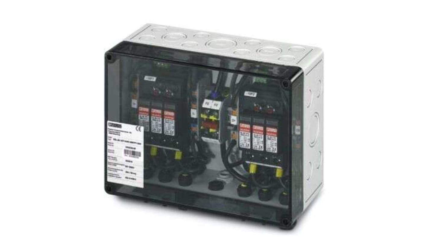 Contenitore a parete Phoenix Contact 2404295 per sistemi fotovoltaici, 20 A, 1100 V c.c., 2 ingressi stringa, installazione rapida.
