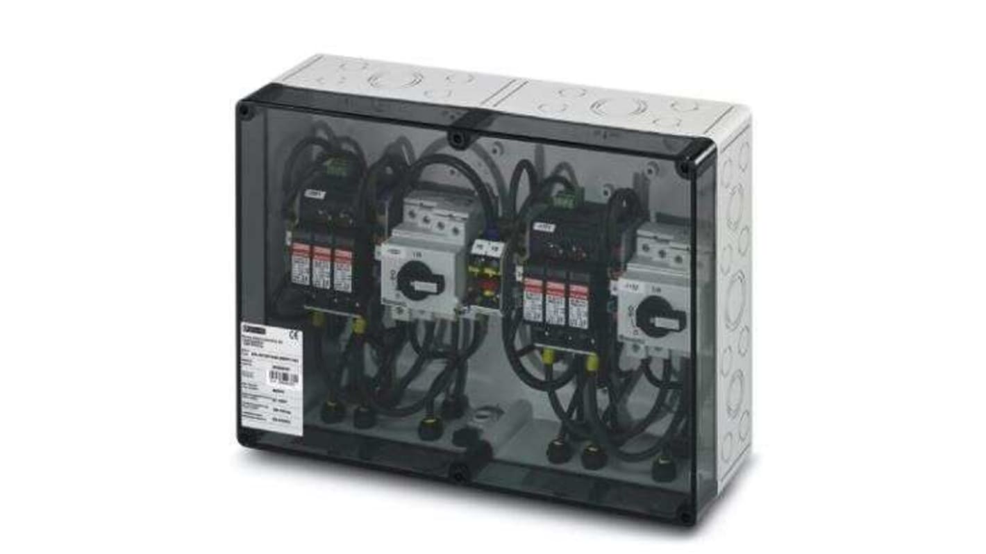 Contenitore a parete Phoenix Contact SOL-SC per sistemi fotovoltaici, 16 A, 1100 V c.c., 2 ingressi stringa, 1 uscita.