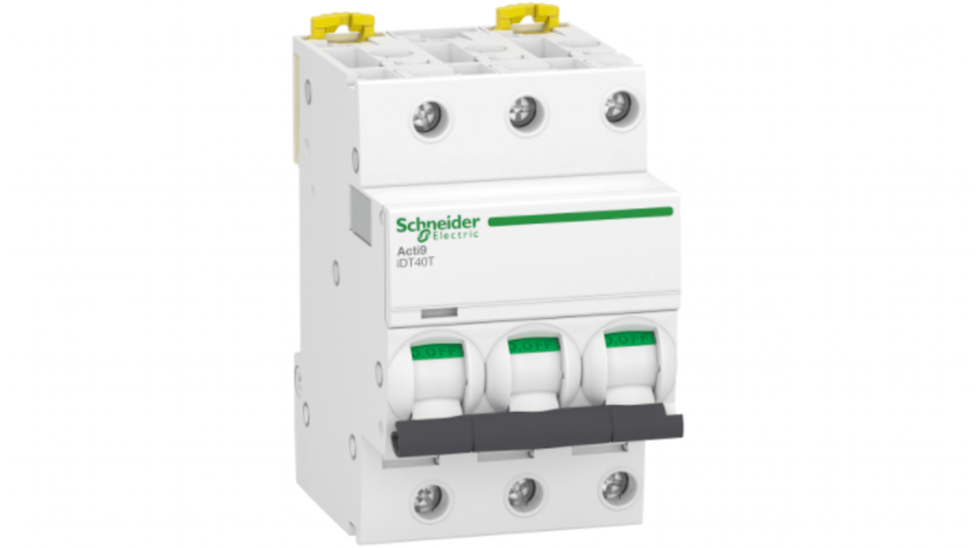 Interruttore magnetotermico Schneider Electric 3P 20A, Tipo C, montaggio su guida DIN, grado di protezione IP40.