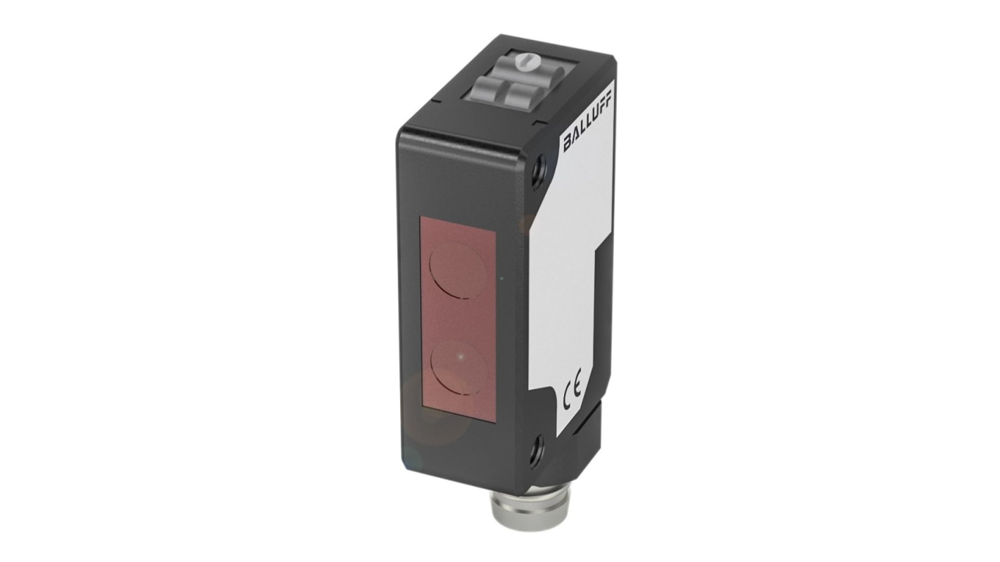 Sensore fotoelettrico BALLUFF BOS015N rettangolare a diffusione, rilevamento 200 mm, uscita PNP, connettore M8, IP67. Dimensioni 10,8 x 43,5 x 19,5 mm.