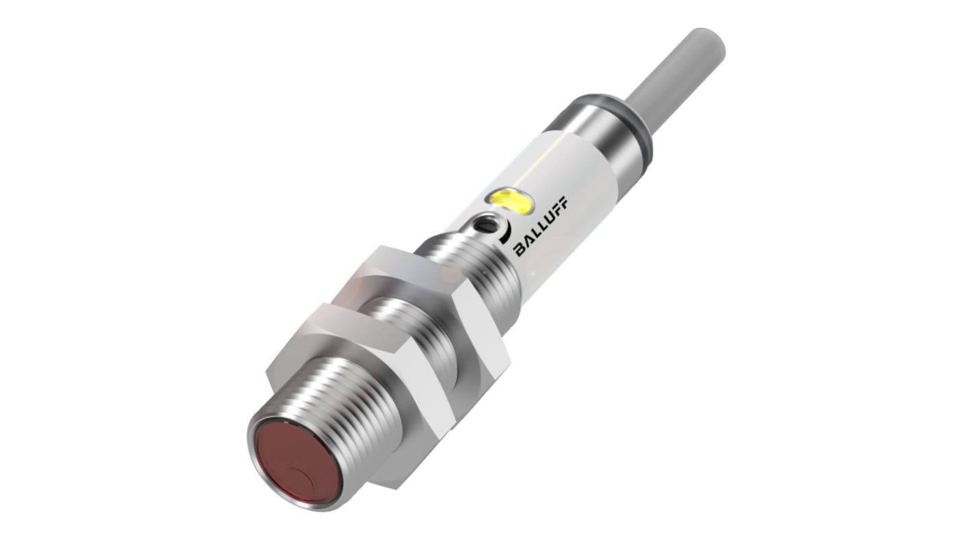 Sensore fotoelettrico cilindrico BALLUFF BOS01ZH, rilevamento fino a 400 mm, uscita PNP, IP67, dimensioni Ø 12 x 60 mm.