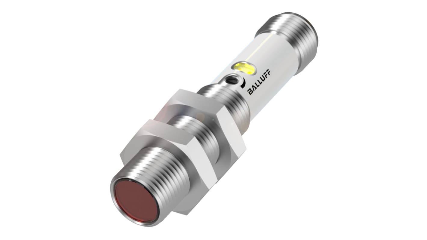BALLUFF BOS024U, sensore fotoelettrico cilindrico a raggio passante, rilevamento fino a 8 m, con connettore M12, IP67. Dimensioni Ø 12 x 60 mm.