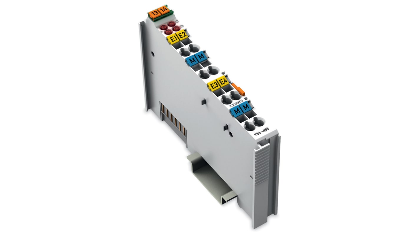 Modulo analogico Wago 750-453, 4 canali, segnali 0-20 V, montaggio su guida DIN-35, dimensioni 100 x 12 x 70 mm.