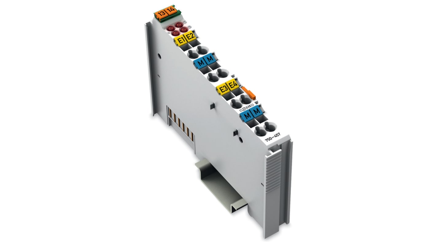 Modulo analogico Wago 750-457, 4 canali, ingresso 10 V, montaggio su guida DIN-35, dimensioni 100 x 12 x 70 mm.