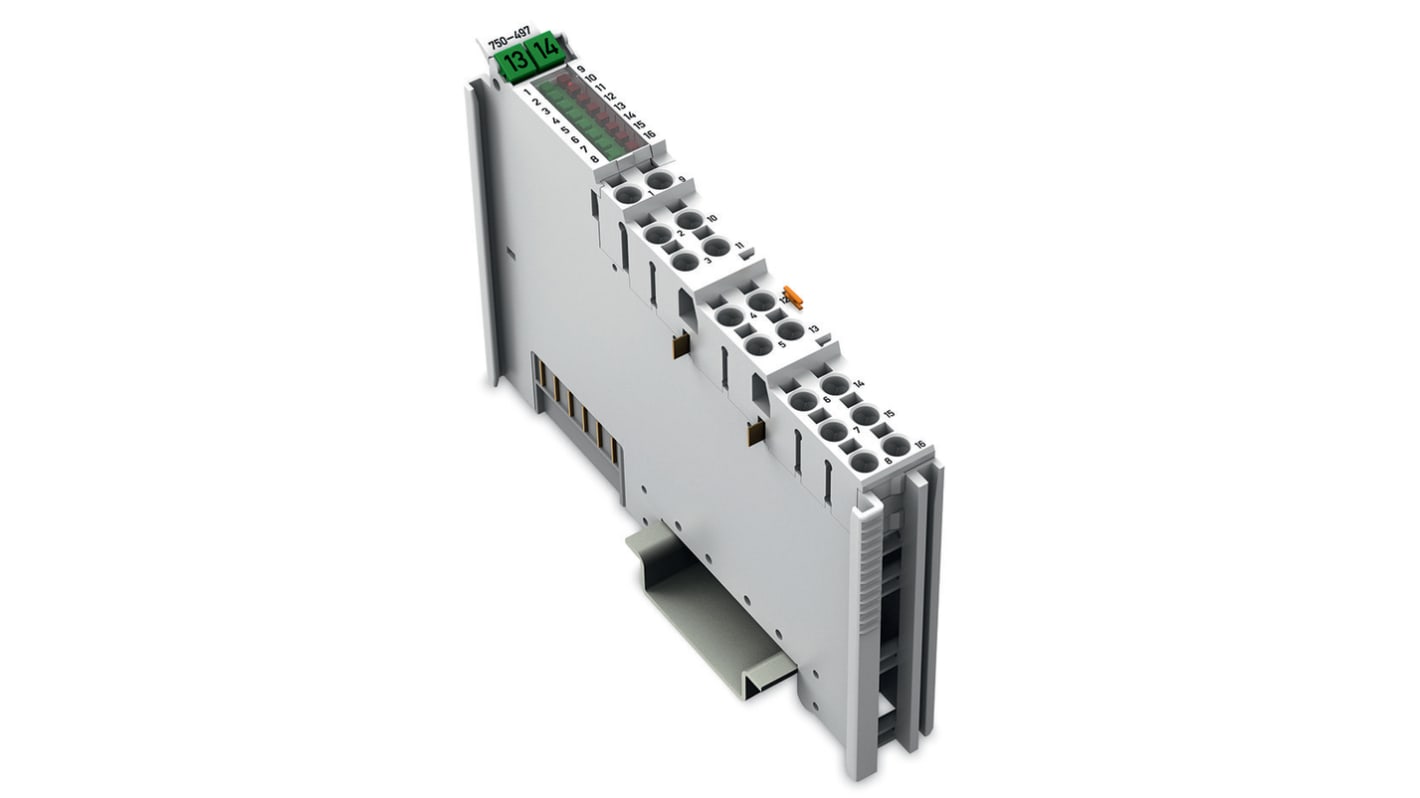 Modulo analogico Wago 750-497, 8 canali, ingresso 0-10 V c.c., montaggio su guida DIN-35, dimensioni 3,937 x 0,472 x 2,717 poll.