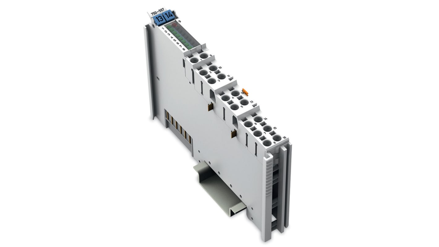 Modulo di distribuzione di potenza Wago 750-597, 8 canali analogici 0-10 V, montaggio su guida DIN-35, dimensioni 100 x 12 x 69 mm.