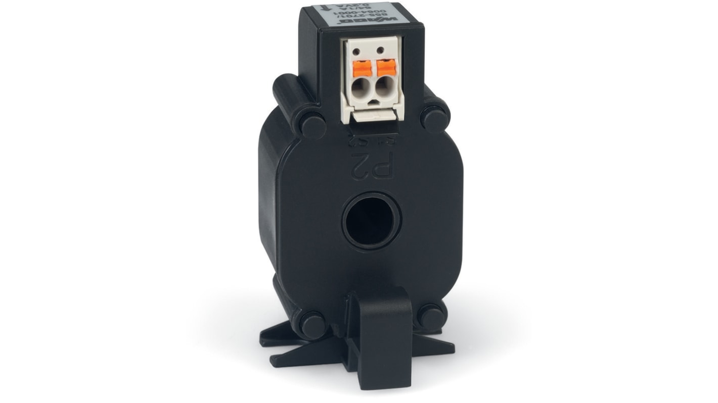 Trasformatore di corrente Wago 855-2701/064-001, ingresso 64 A, uscita 1 A, montaggio su guida DIN, foro 7.5 mm.