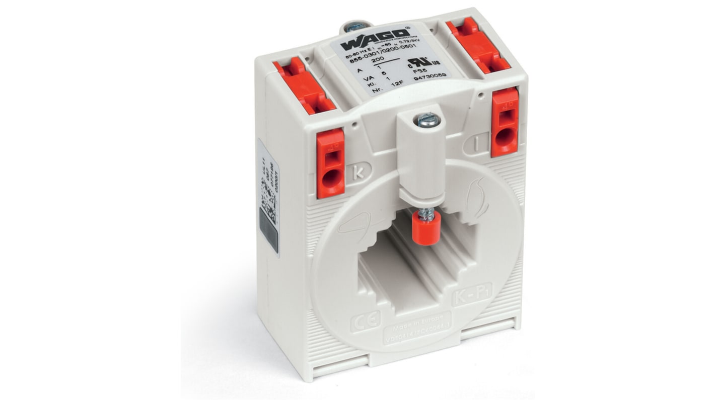 Trasformatore di corrente Wago 855-301/200-501, ingresso 200A, uscita 1A, montaggio su guida DIN, tensione massima 1200V.
