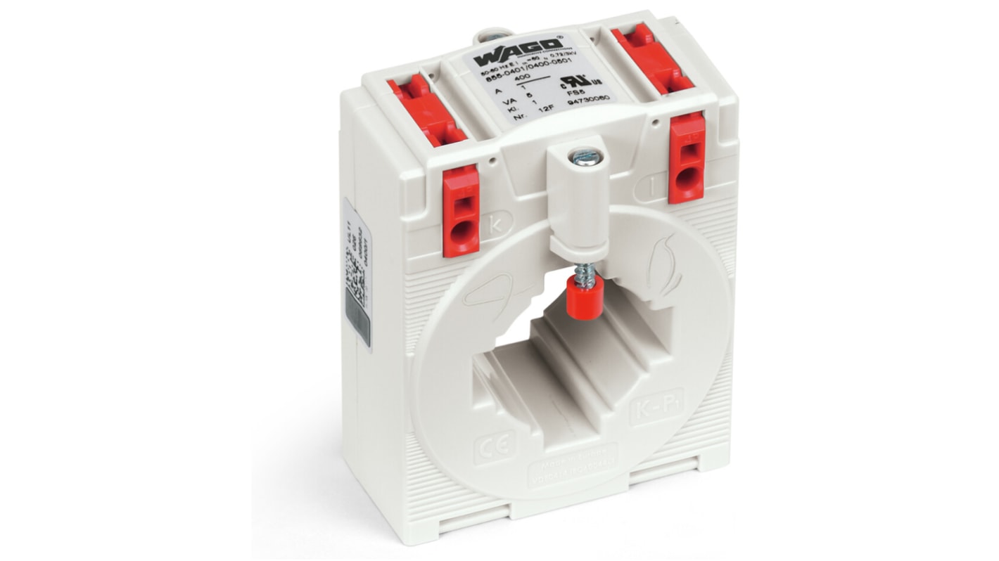 Trasformatore di corrente Wago 855-401/400-501, ingresso 400A, uscita 1A, montaggio su guida DIN, tensione massima 1200V.