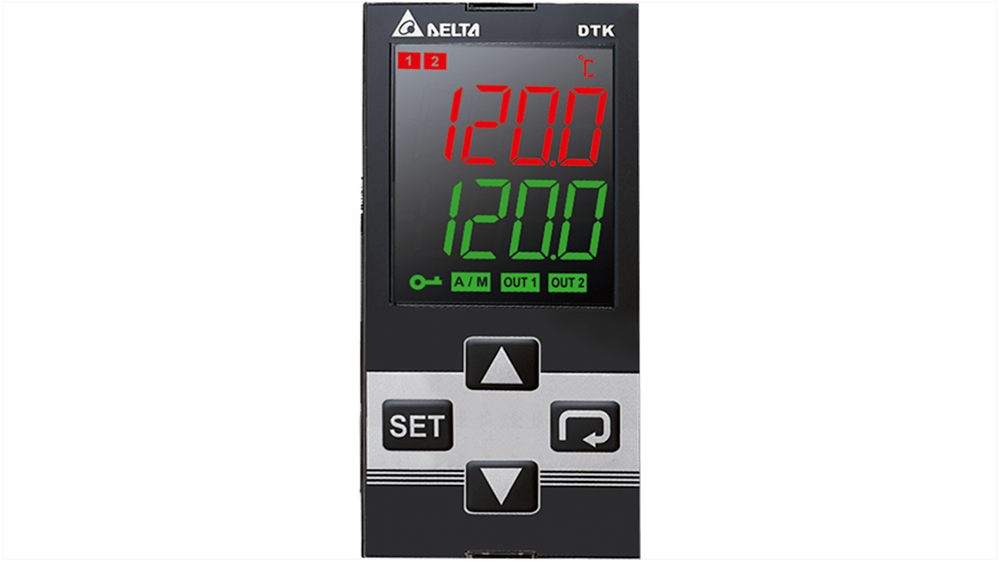 Delta Electronics DTK4896R01, termoregolatore PID 48 x 96 mm, montaggio a pannello, 2 uscite relè, display LCD.
