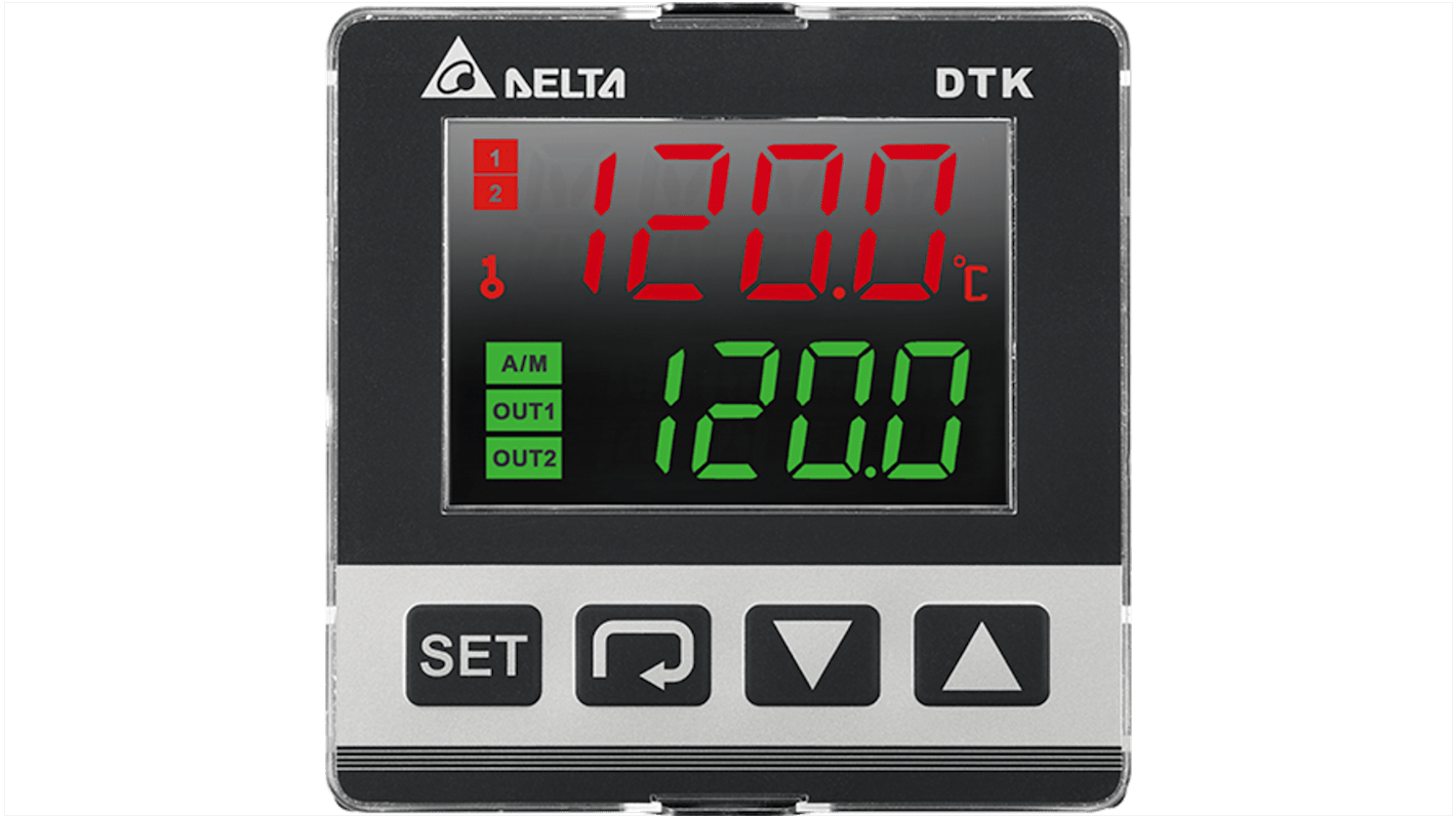 Delta Electronics DTK7272R01, termoregolatore PID 72x72 mm, montaggio a pannello, 2 uscite relè, display LCD.