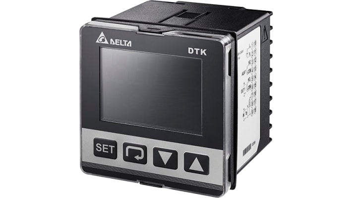 Delta Electronics DTK7272R01, termoregolatore PID 72x72 mm, montaggio a pannello, 2 uscite relè, display LCD.