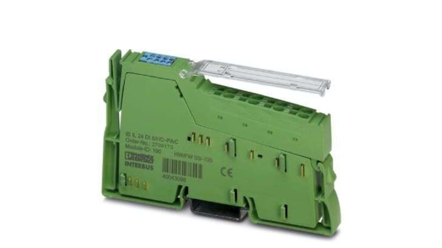 Terminale digitale Phoenix Contact 2700173, serie IB IL 24 DI8/HD-PAC, con 8 ingressi per sensori a 1 conduttore, dimensioni 0,48 x 4,71 x 2,81 pollici.