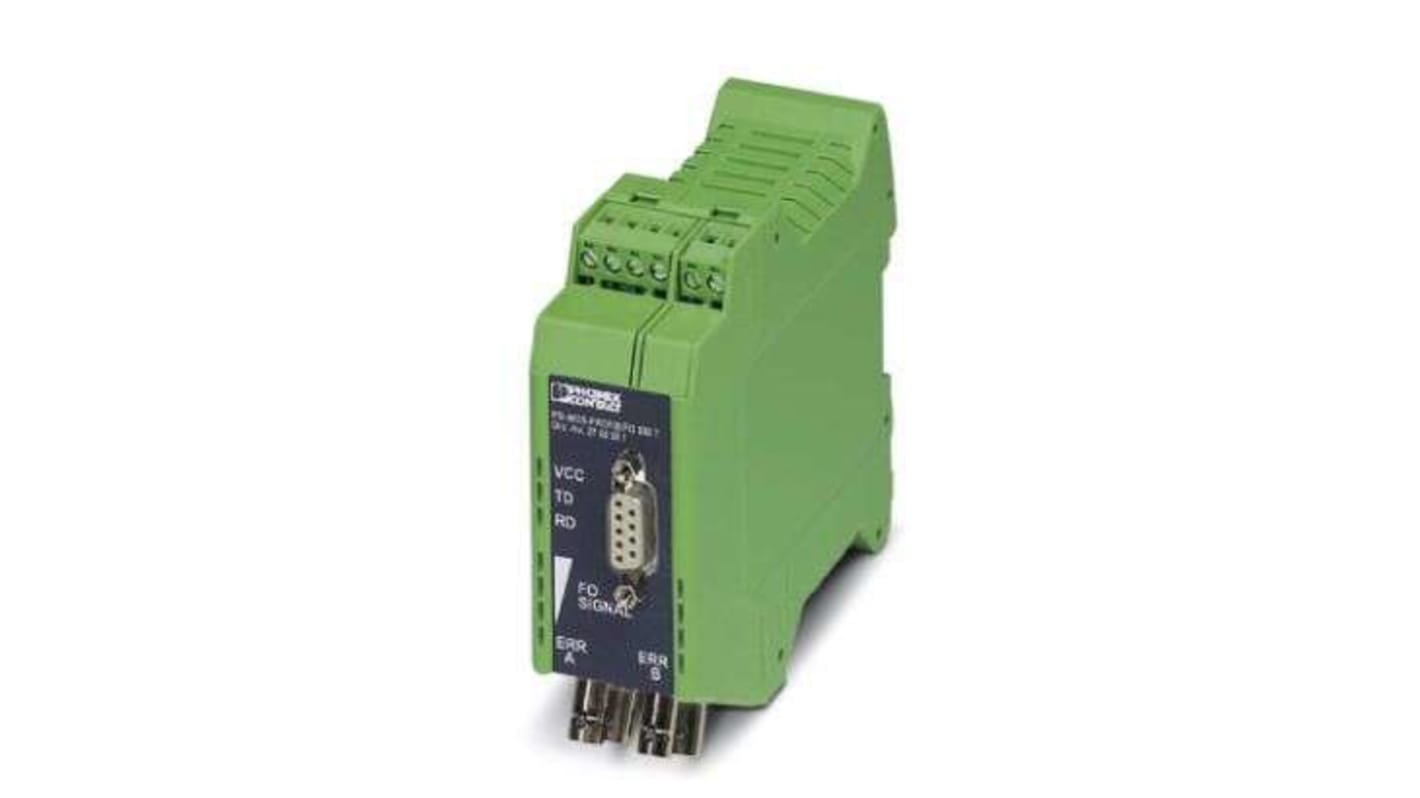 Phoenix Contact Convertitore fibre ottiche PSI-MOS-PROFIB/FO, interfaccia PROFIBUS, diagnostica integrata, dimensioni 35x99x106 mm, certificazione ATEX.