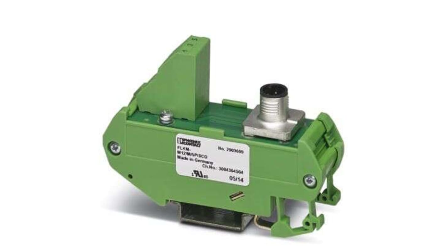 Modulo di interfaccia Phoenix Contact 2903609, FLKM-M12, con connettore M12-SAC, 5 posizioni, 24 V, 4 A, montaggio versatile, dimensioni 1,06 x 3,54 x 2,36 poll.