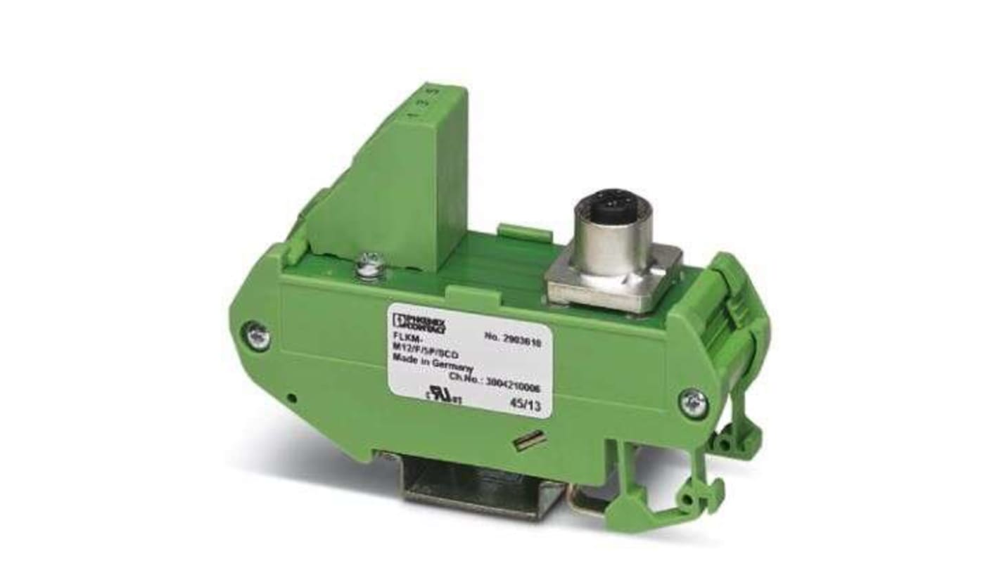 Modulo di interfaccia Phoenix Contact 2903610 FLKM-M12, con connettore M12-SAC, 5 posizioni, 24 V, 4 A, dimensioni 1,02 x 3,54 x 2,38 poll.