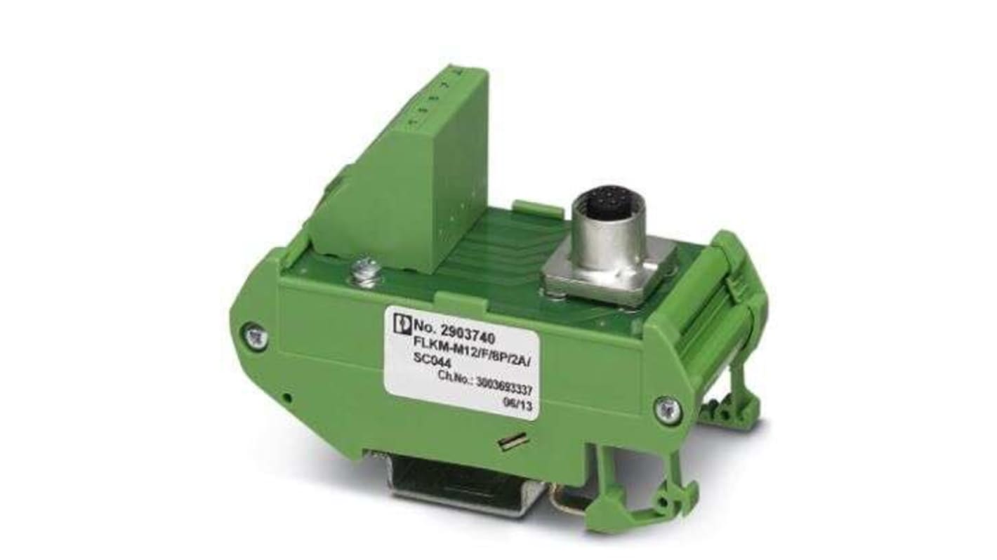 Modulo di interfaccia Phoenix Contact 2903740, FLKM-M12, con connettore femmina M12-SAC, 8 posizioni, corrente 2 A, dimensioni 1,4 x 3,54 x 2,3 poll.