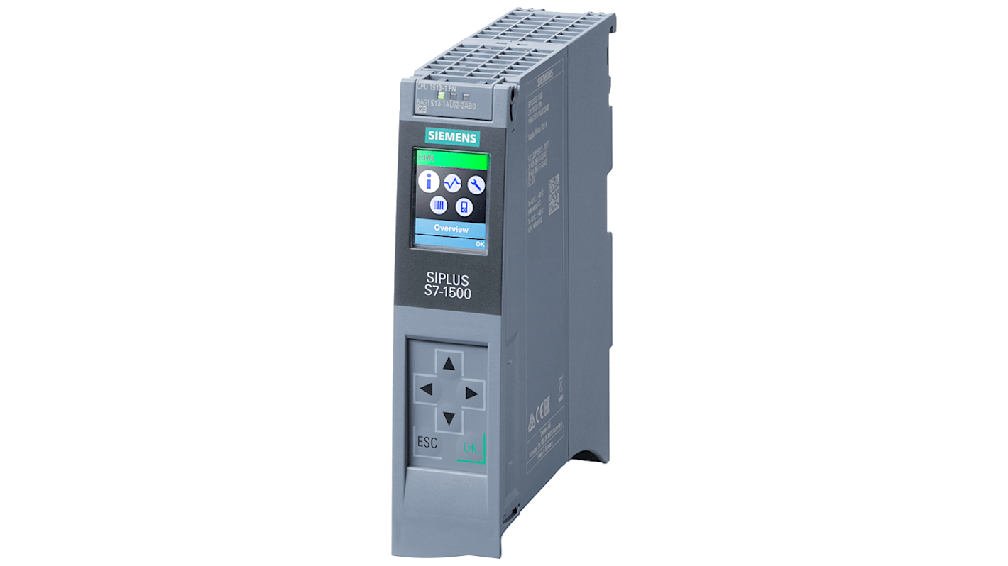 Siemens 6AG1513-1AL02-2AB0, CPU PLC SIPLUS S7-1500, 20 I/O digitali, PROFINET, 24 V c.c., dimensioni 35 x 129 x 147 mm.