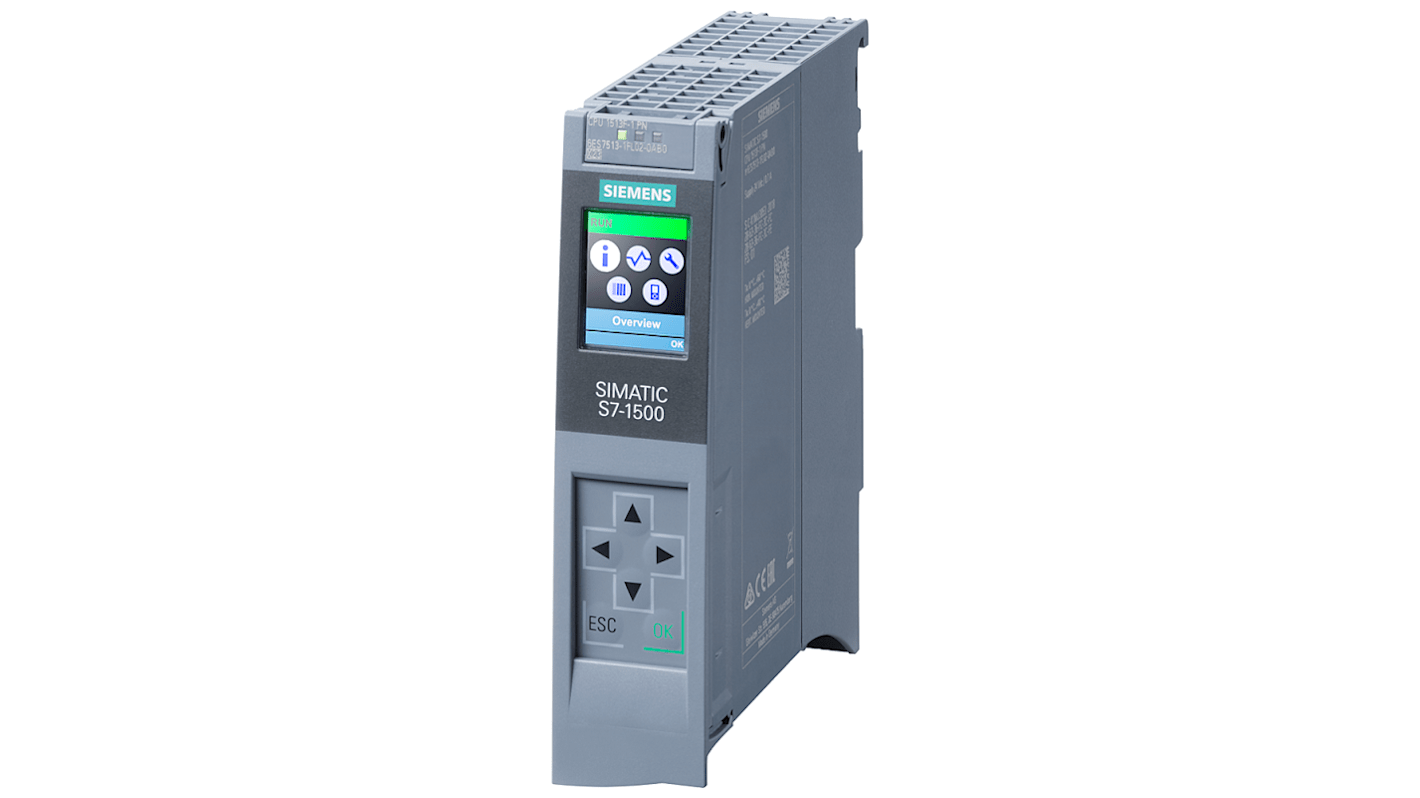 CPU PLC Siemens 6AG1513-1FL02-2AB0, serie SIPLUS S7-1500, 20 ingressi/uscite, 24 V c.c., dimensioni 147 x 35 x 129 mm.