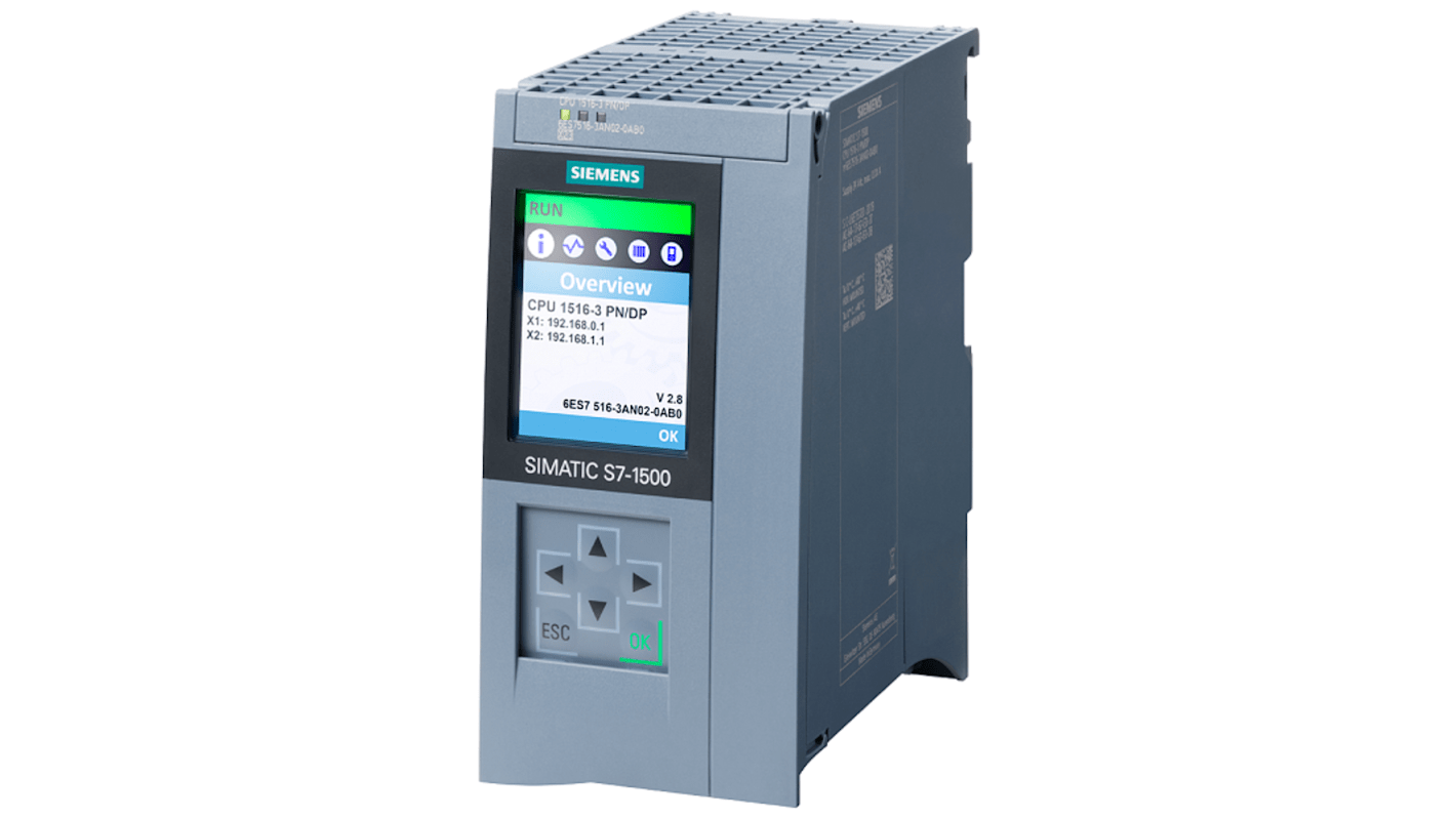 CPU PLC Siemens 6AG1516-3AN02-7AB0, serie SIPLUS S7-1500, 20 ingressi/uscite, 24 V c.c., dimensioni 105 x 129 x 147 mm.