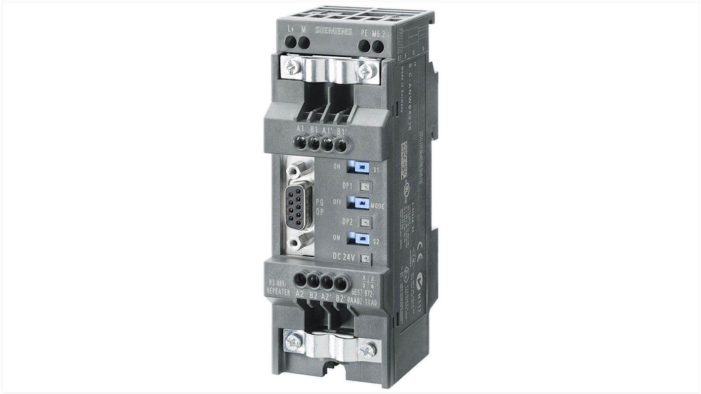 Ripetitore Siemens 6AG1972-0AA02-7XA0 per sistemi PROFIBUS/MPI, supporta 31 nodi, dimensioni 128 x 45 x 67 mm.