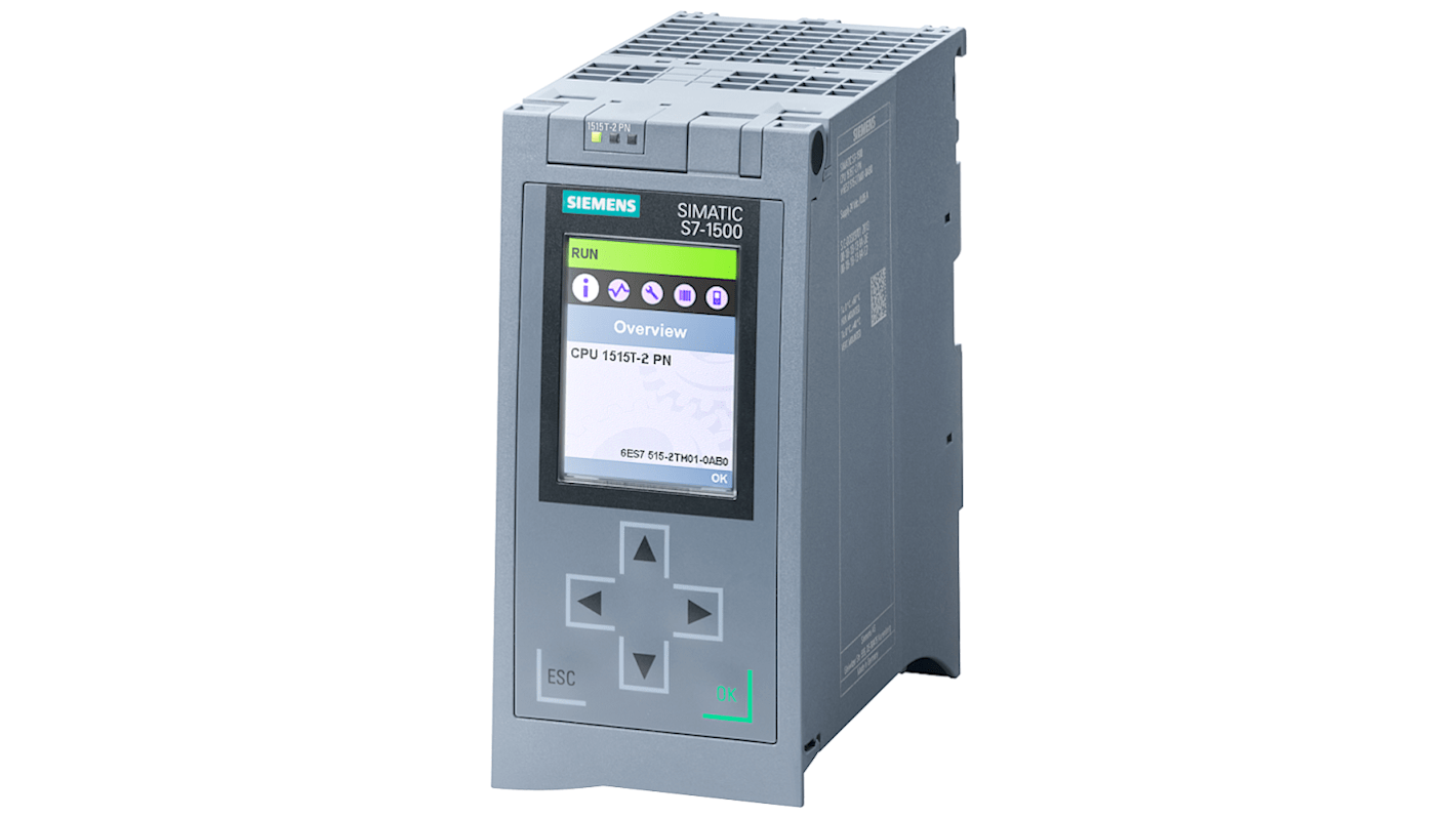 CPU PLC Siemens 6ES7515-2TM01-0AB0, SIMATIC S7-1500T, 20 I/O, alimentazione 24 V, comunicazione Ethernet, dimensioni 70 x 129 x 147 mm.