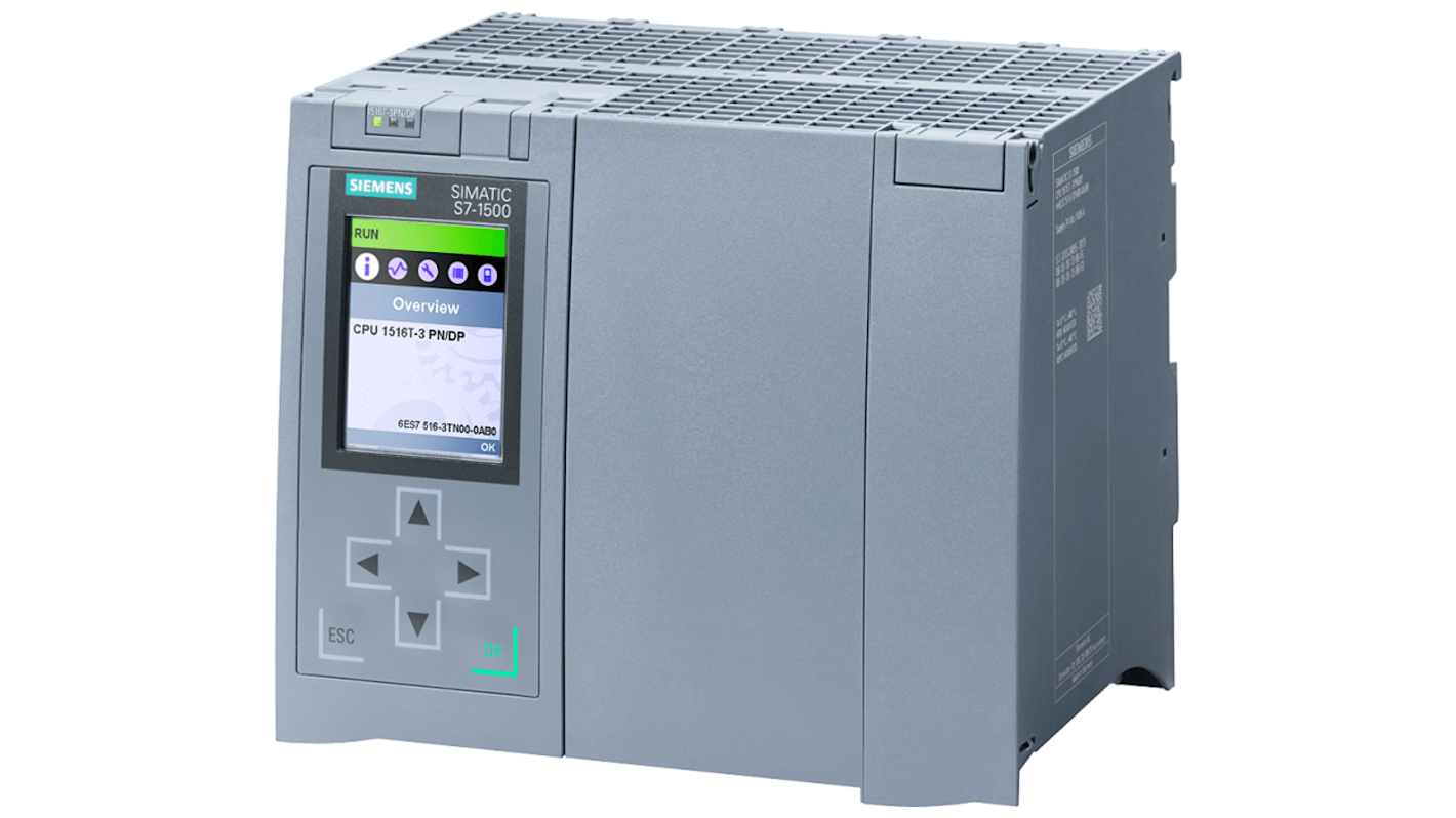 CPU PLC Siemens 6ES7516-3TN00-0AB0, SIMATIC S7-1500T, 20 I/O, 24 V c.c., dimensioni 175 x 129 x 147 mm.