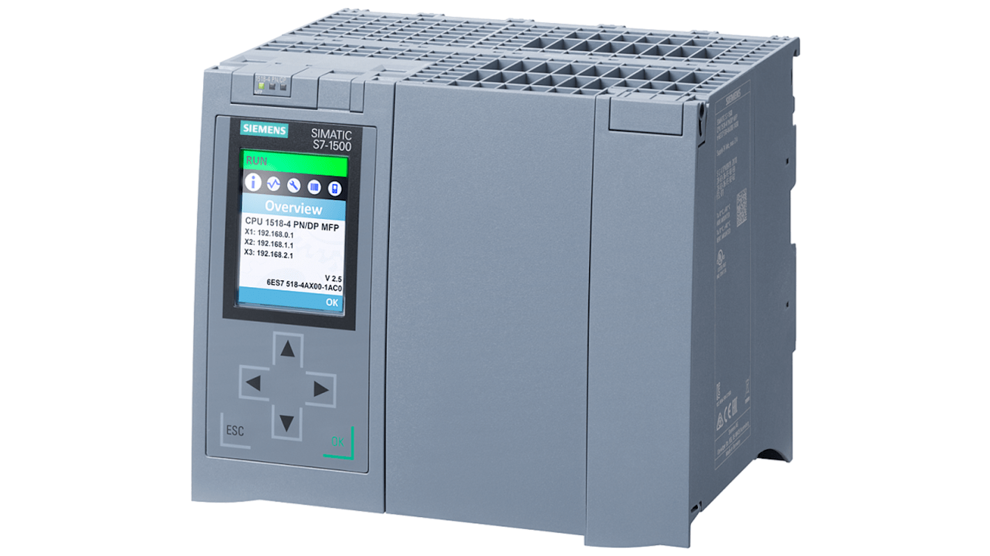 CPU PLC Siemens 6ES7518-4AX00-1AC0, SIMATIC S7-1500, 20 I/O digitali, 24 V c.c., dimensioni 175 x 129 x 147 mm.