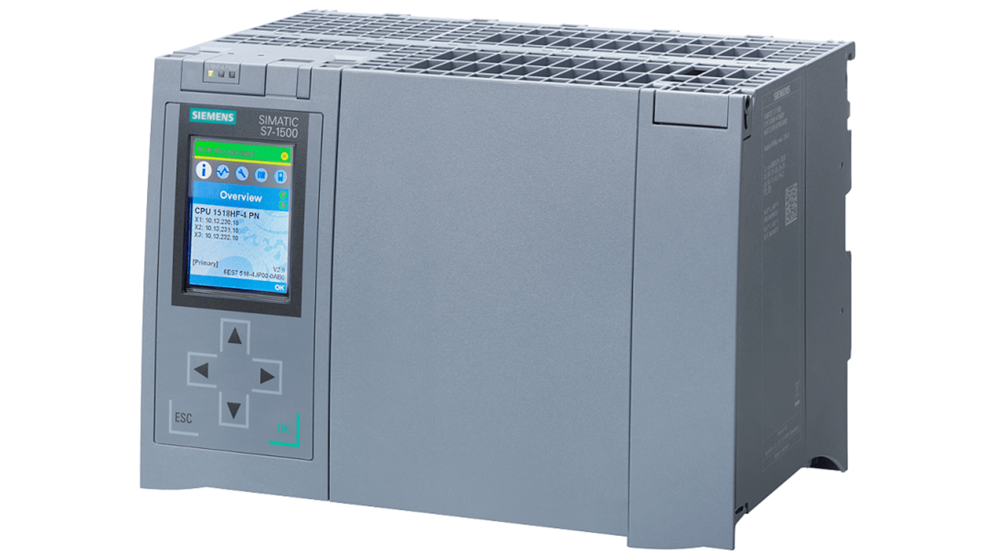 CPU PLC Siemens 6ES7518-4JP00-0AB0, SIMATIC S7-1500H, 24 V c.c., 200 moduli I/O, dimensioni 210 x 147 x 129 mm.