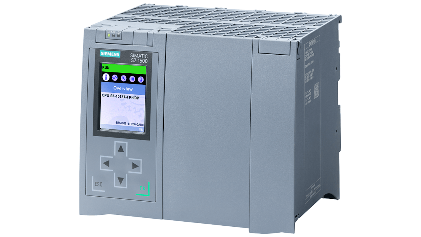 CPU PLC Siemens 6ES7518-4TP00-0AB0, SIMATIC S7-1500T, 20 I/O, 24 V c.c., 9 MB RAM, dimensioni 175 x 129 x 147 mm.