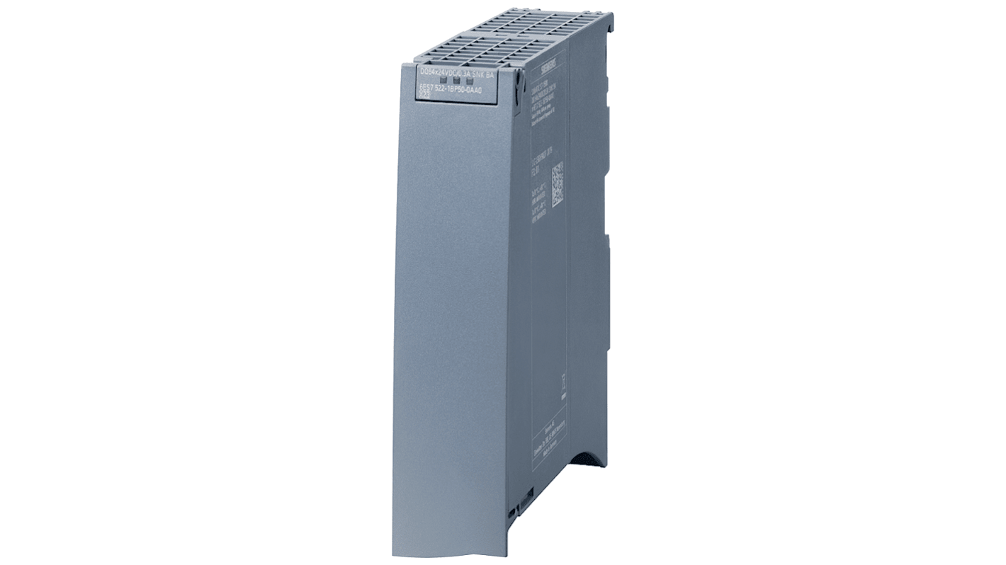 Modulo di uscita digitale Siemens 6ES7522-1BP50-0AA0, 64 canali, 2 A per gruppo, dimensioni 147 x 35 x 129 mm.
